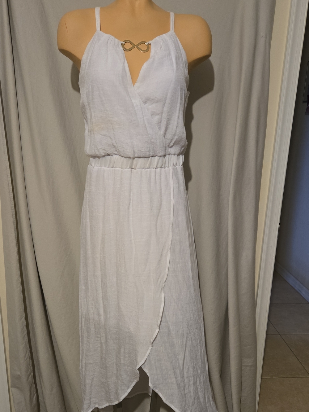 White Sleeveless Wrap Midi Dress with Gold Accent